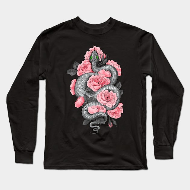 Snake and peach roses Long Sleeve T-Shirt by katerinamk